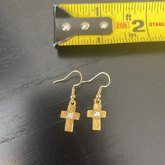 NWT Gold Cross Dangle Earrings with Clear Rhinestone - Handmade - Picture 5 of 5
